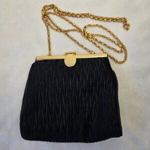 Vintage La Regale LTD Black Crinkled Satin Evening Bag with Gold Chain